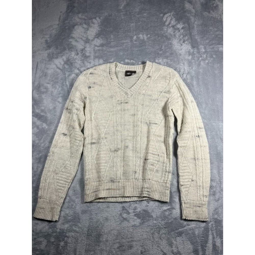 Vintage Campus V Neck Sweater Mens Small Color Cream White Long Sleeve USA MADE